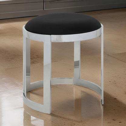 Niyo 19 Inch Accent Stool Ottoman Ottoman, Round Black Faux Leather, Silver