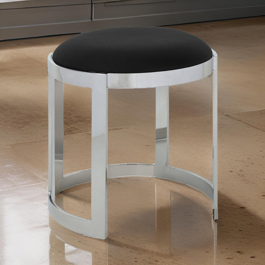 Niyo 19 Inch Accent Stool Ottoman Ottoman, Round Black Faux Leather, Silver