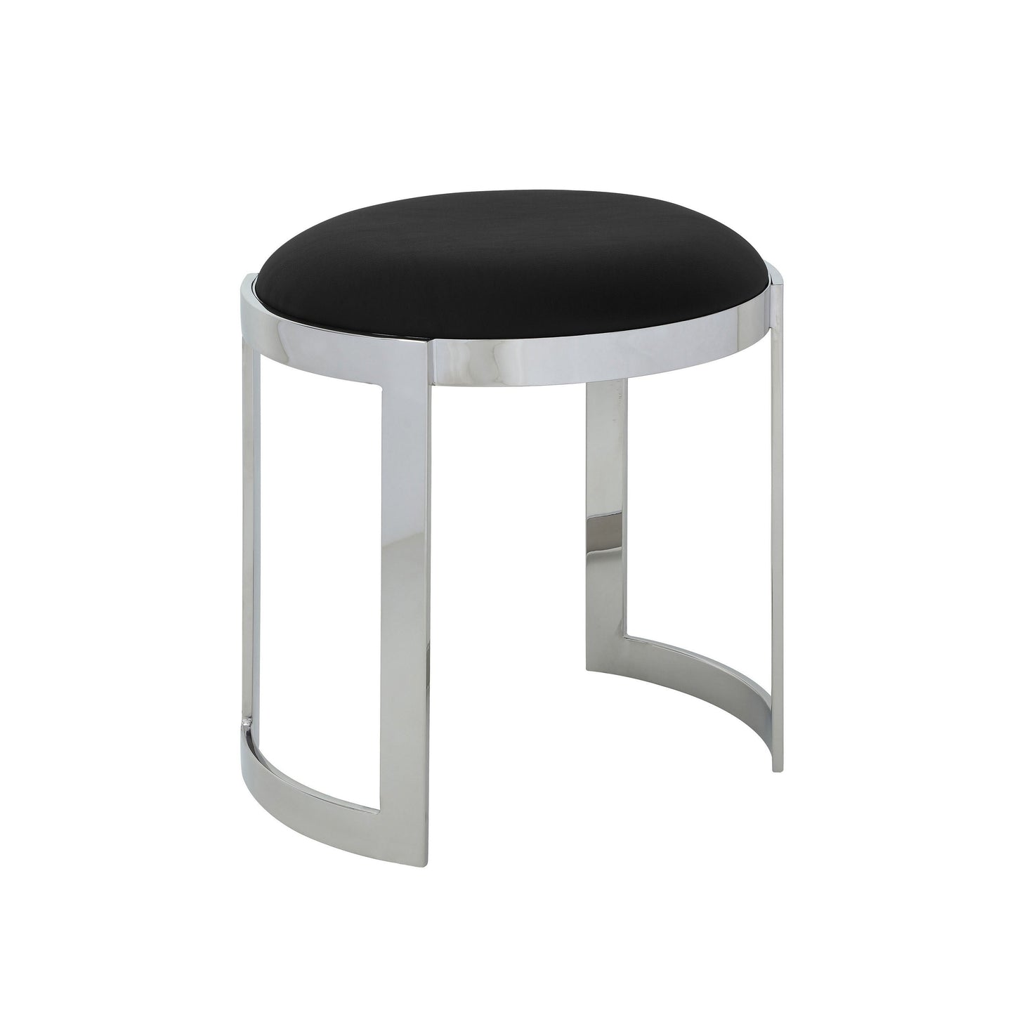 Niyo 19 Inch Accent Stool Ottoman Ottoman, Round Black Faux Leather, Silver