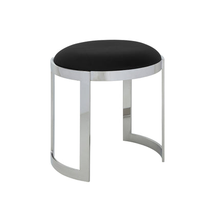 Niyo 19 Inch Accent Stool Ottoman Ottoman, Round Black Faux Leather, Silver