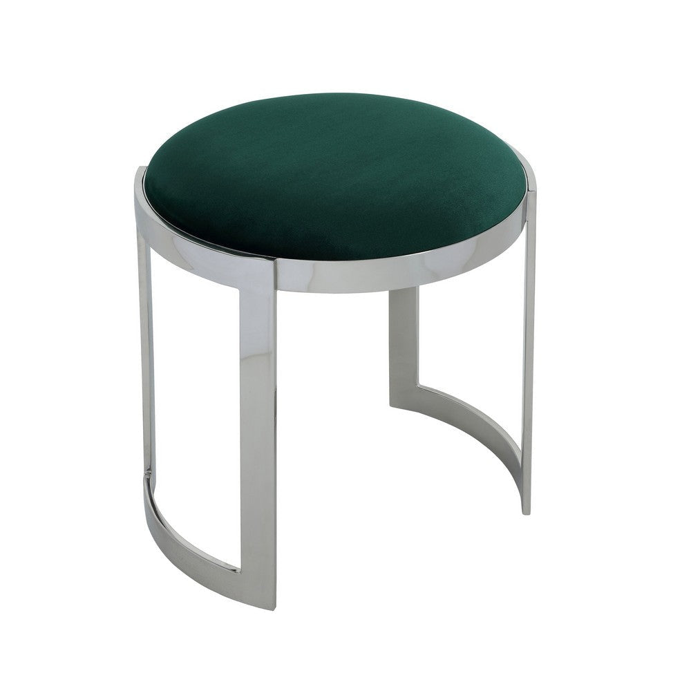 Niyo 19 Inch Accent Stool Ottoman, Round Seat, Soft Green Velvet, Silver