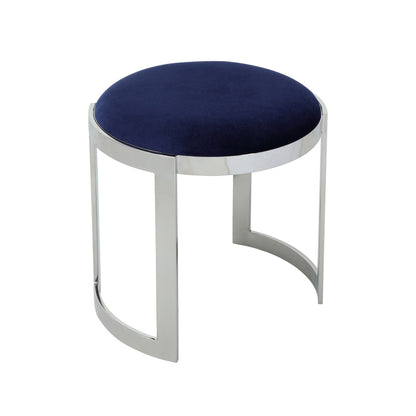 Niyo 19 Inch Accent Stool Ottoman, Round Seat, Soft Blue Velvet, Silver