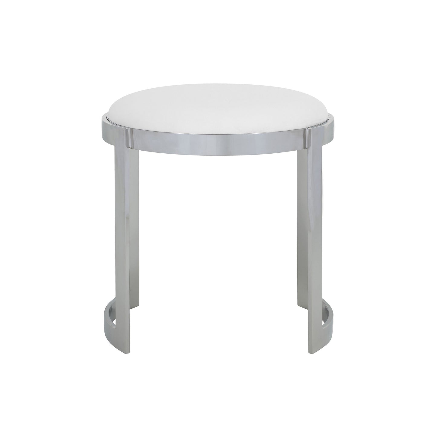 Niyo 19 Inch Accent Stool Ottoman, Round Seat, White Faux Leather, Silver