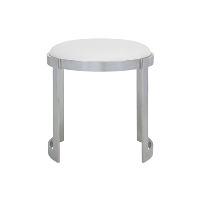 Niyo 19 Inch Accent Stool Ottoman, Round Seat, White Faux Leather, Silver