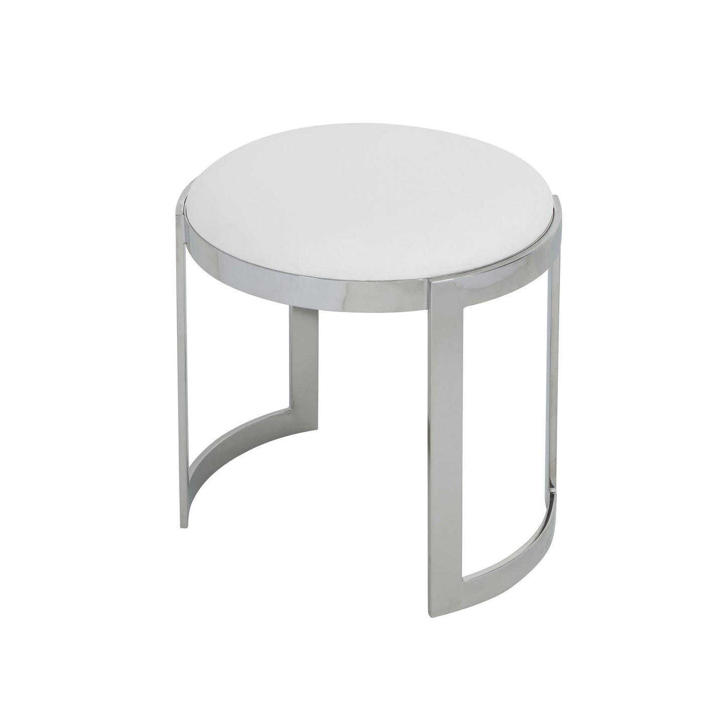 Niyo 19 Inch Accent Stool Ottoman, Round Seat, White Faux Leather, Silver