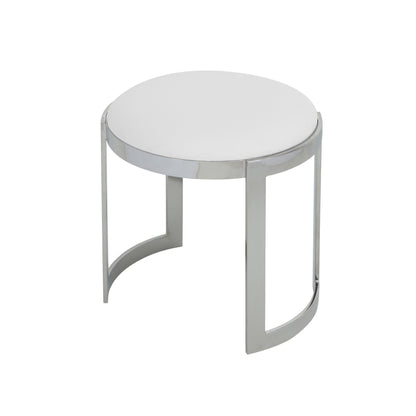 Niyo 19 Inch Accent Stool Ottoman, Round Seat, White Faux Leather, Silver