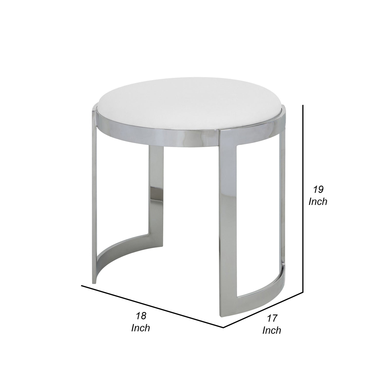 Niyo 19 Inch Accent Stool Ottoman, Round Seat, White Faux Leather, Silver