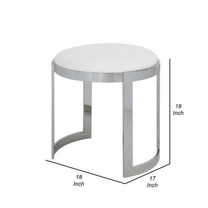 Niyo 19 Inch Accent Stool Ottoman, Round Seat, White Faux Leather, Silver