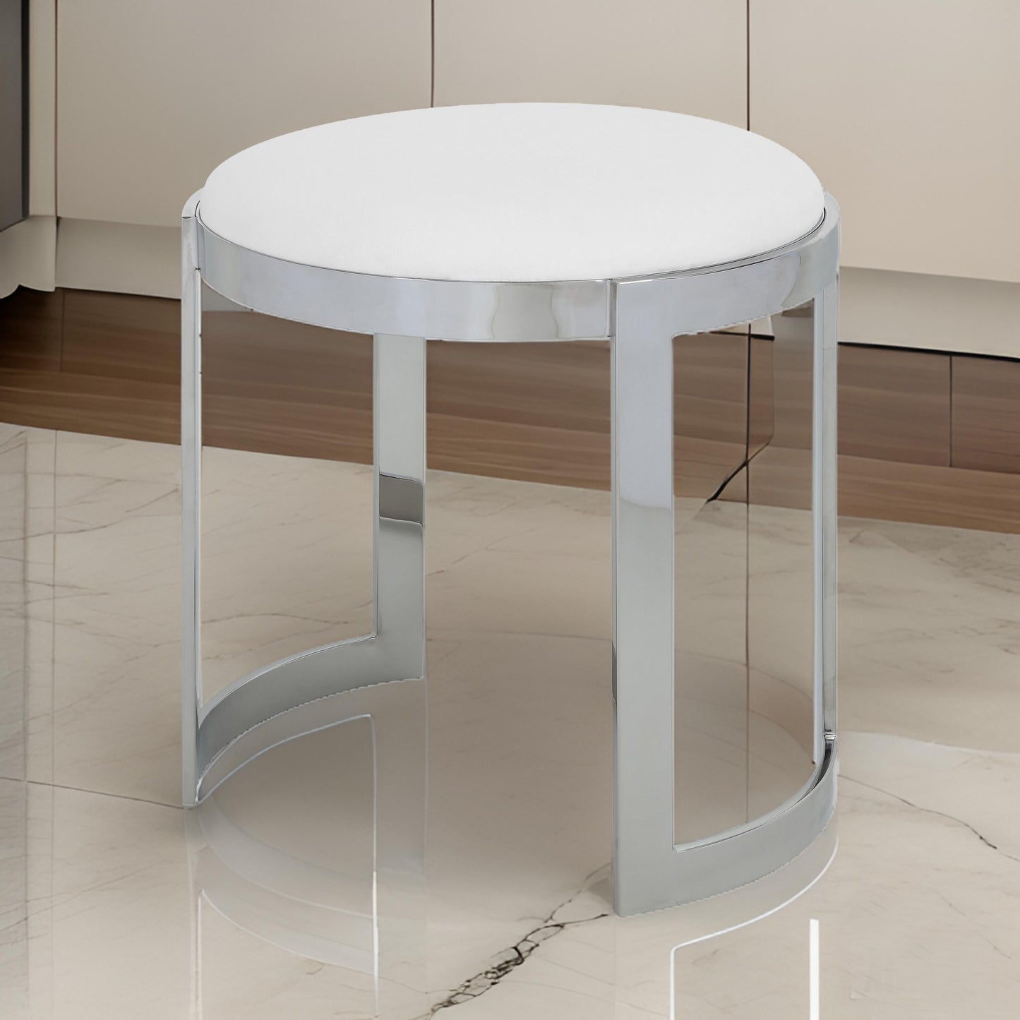 Niyo 19 Inch Accent Stool Ottoman, Round Seat, White Faux Leather, Silver