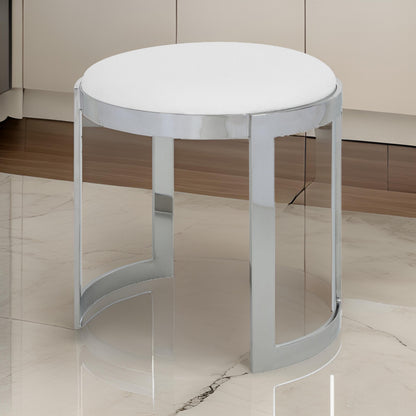 Niyo 19 Inch Accent Stool Ottoman, Round Seat, White Faux Leather, Silver