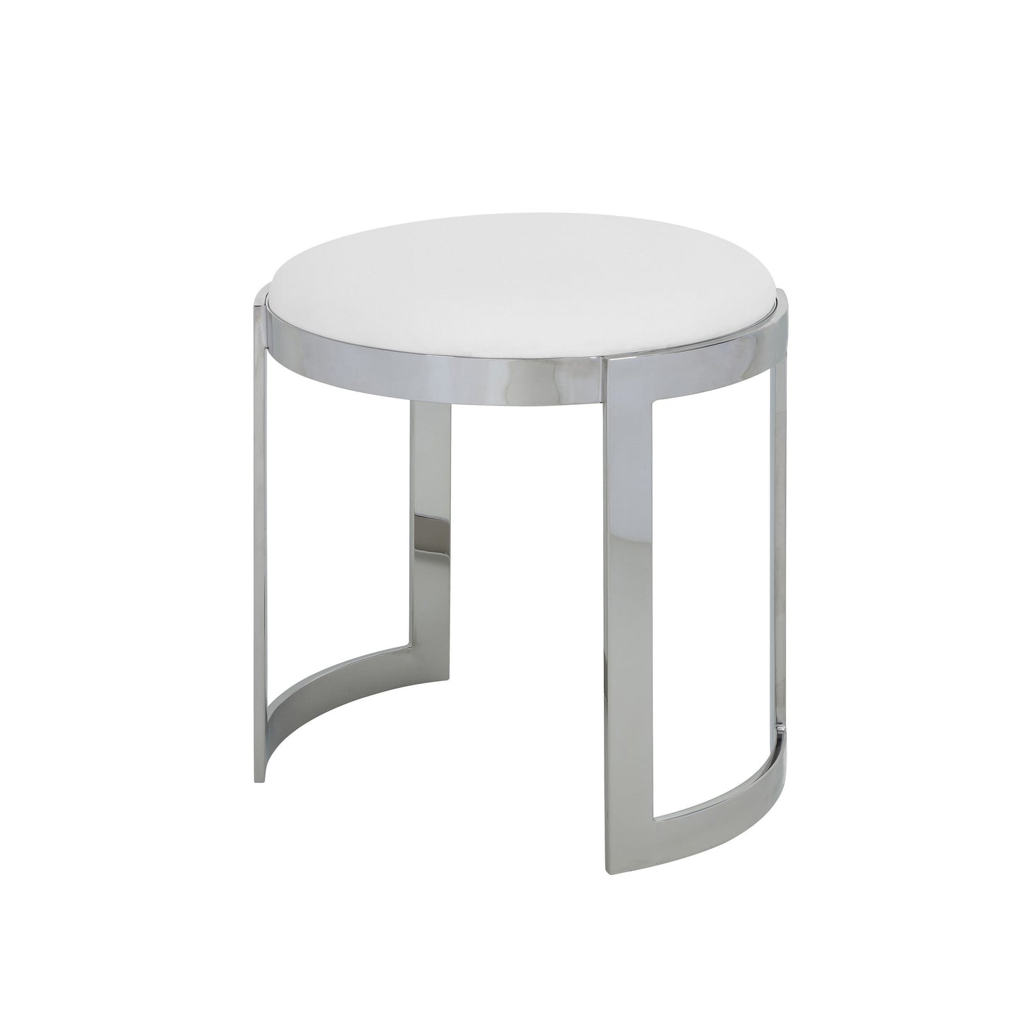 Niyo 19 Inch Accent Stool Ottoman, Round Seat, White Faux Leather, Silver