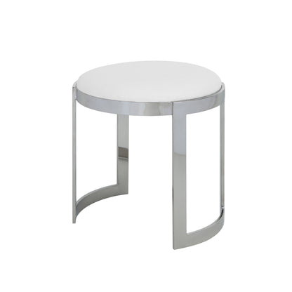 Niyo 19 Inch Accent Stool Ottoman, Round Seat, White Faux Leather, Silver