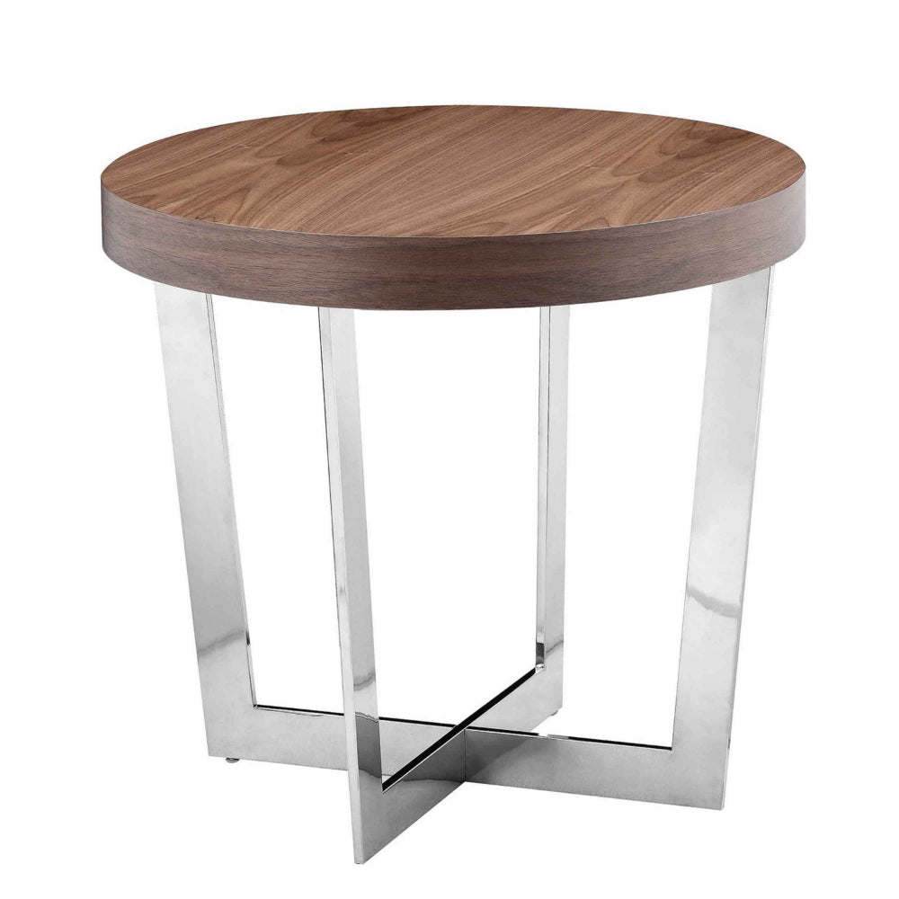 Tini 24 Inch Side End Table, Round Shaped Top, Metal Frame, Walnut Brown