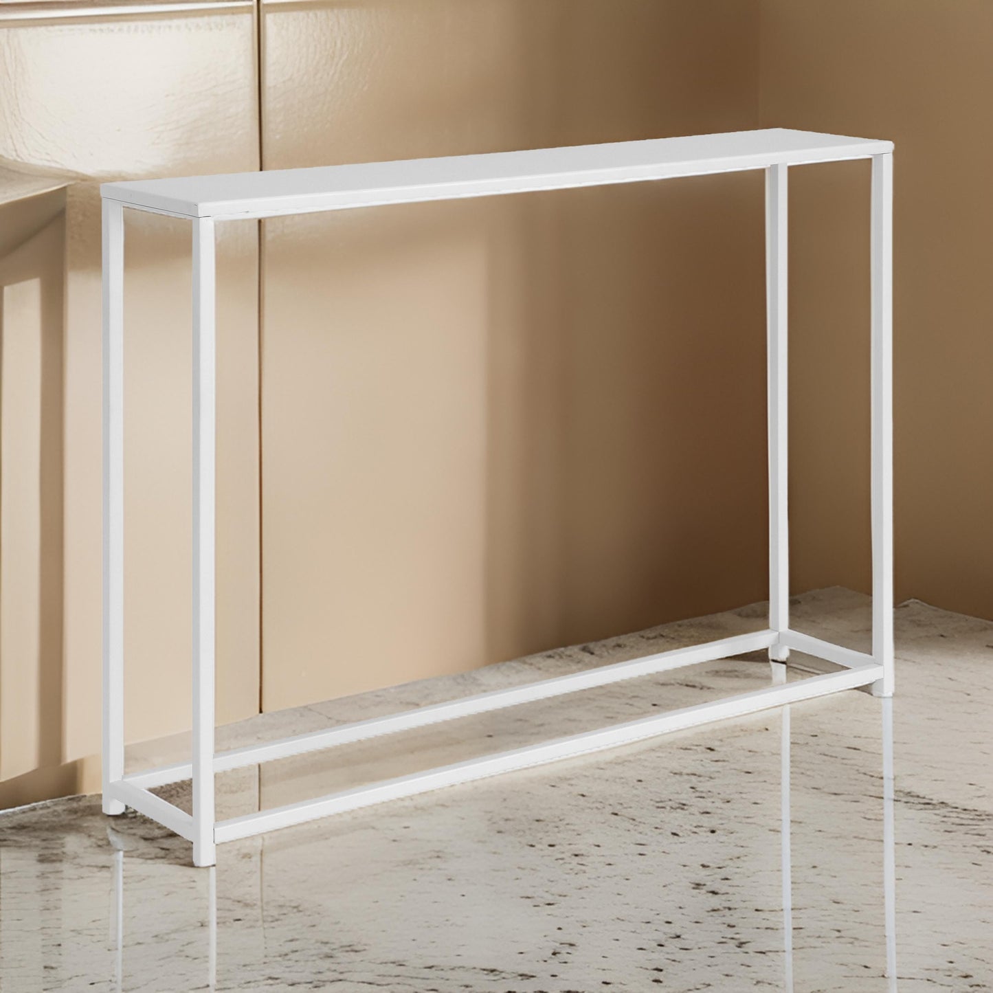 Eme 38 Inch Console Table, Rectangular Top, White Finish Metal Frame
