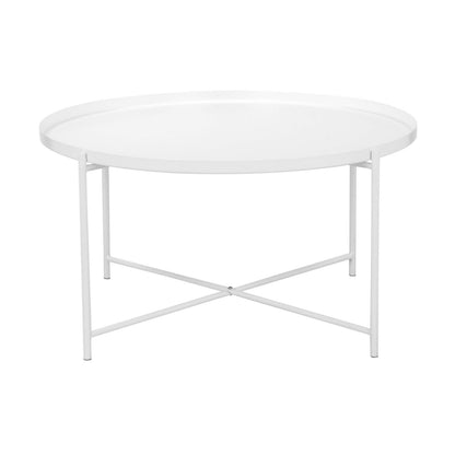 Ely 33 Inch Coffee Table, Round Top with Cross Base, White Metal Finish