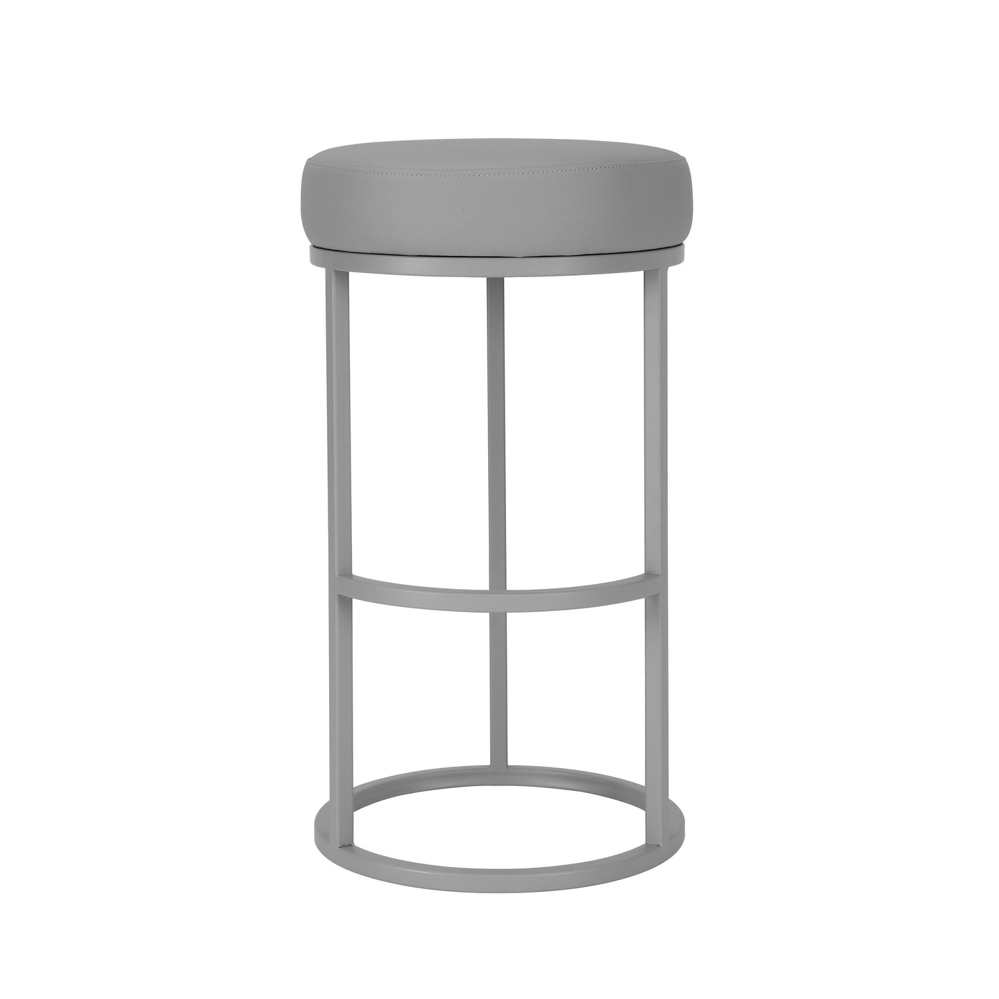 Tane 30 Inch Barstool, Round Gray Faux Leather Padded Seat, Gray Metal Base