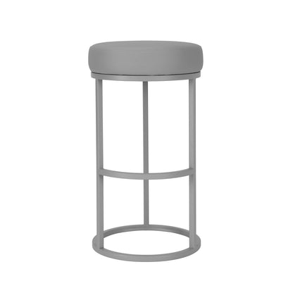 Tane 30 Inch Barstool, Round Gray Faux Leather Padded Seat, Gray Metal Base