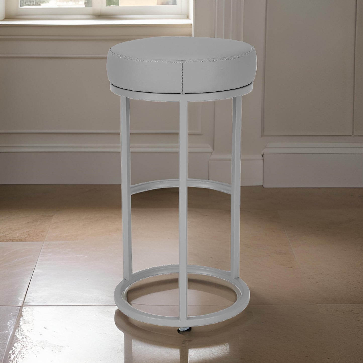 Tane 30 Inch Barstool, Round Gray Faux Leather Padded Seat, Gray Metal Base