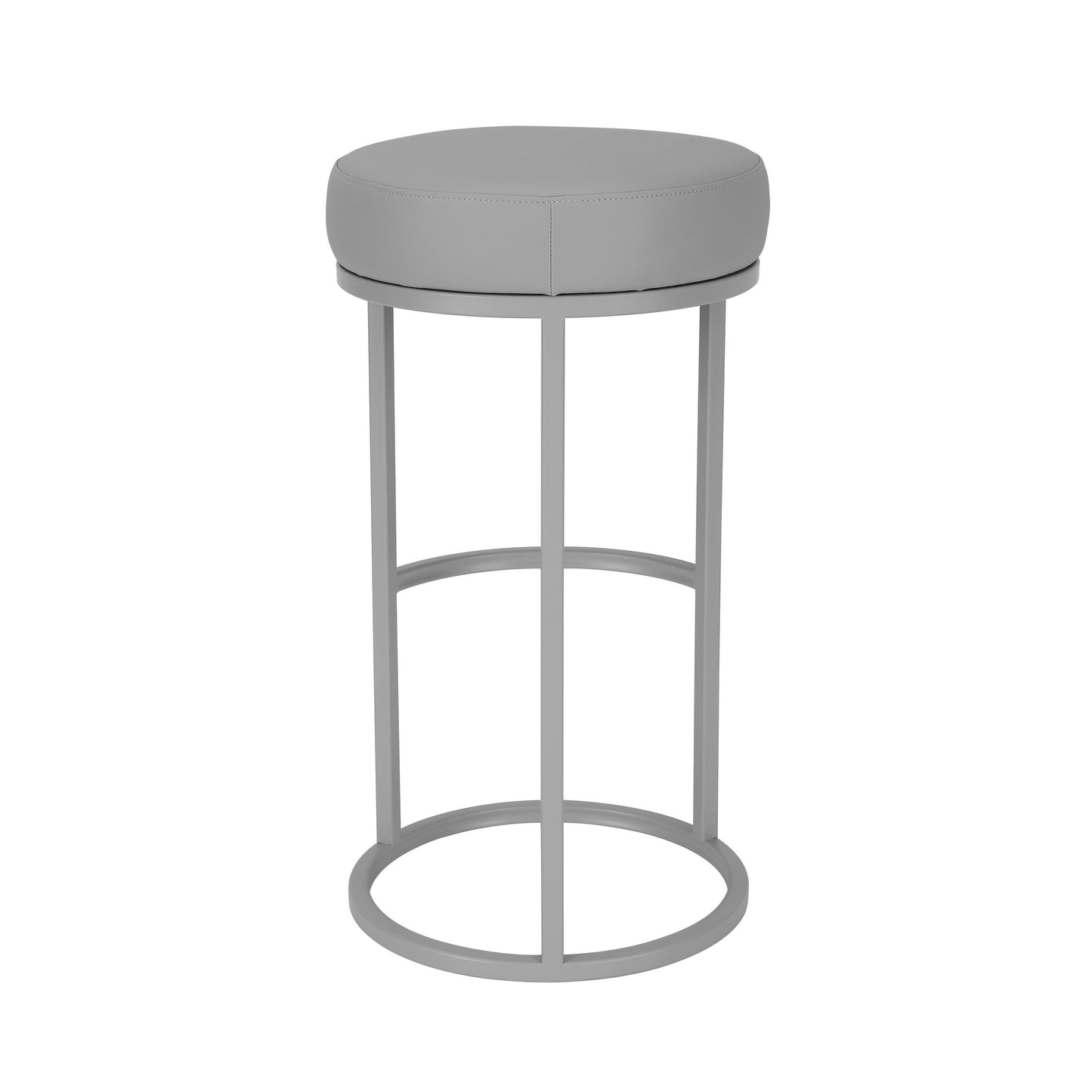 Tane 30 Inch Barstool, Round Gray Faux Leather Padded Seat, Gray Metal Base