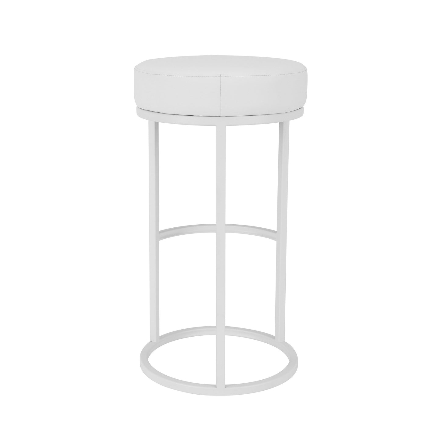 Tane 30 Inch Bar Stool, Round Padded Seat, White Faux Leather, Metal