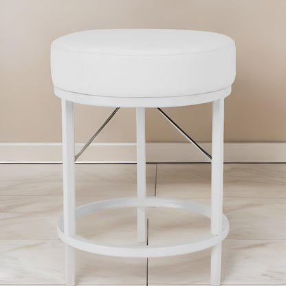 Tane 18 Inch Modern Accent Stool, Round Padded White Faux Leather Seat