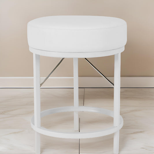 Tane 18 Inch Modern Accent Stool, Round Padded White Faux Leather Seat