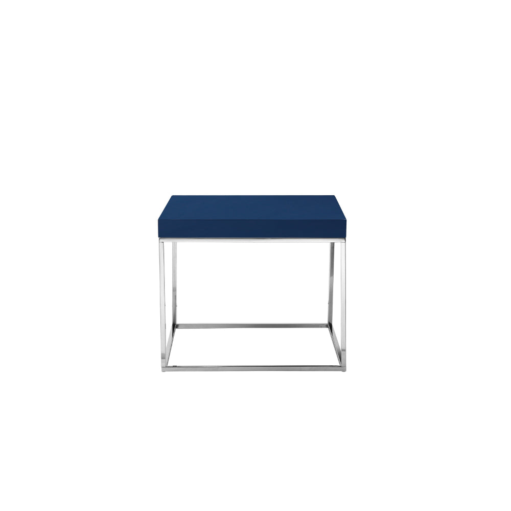 Zen 24 Inch Side End Table, Square, Polished Blue Top, Chrome Metal Finish