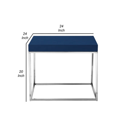 Zen 24 Inch Side End Table, Square, Polished Blue Top, Chrome Metal Finish