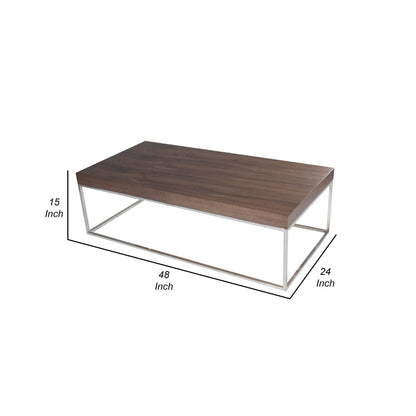 Zen 48 Inch Coffee Table, Rectangular, Chrome Base, Walnut Brown Wood Top