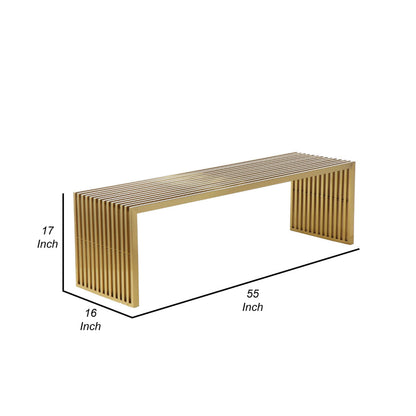 Niki 55 Inch Accent Bench, Slatted, Rectangular, Luxurious Brushed Gold