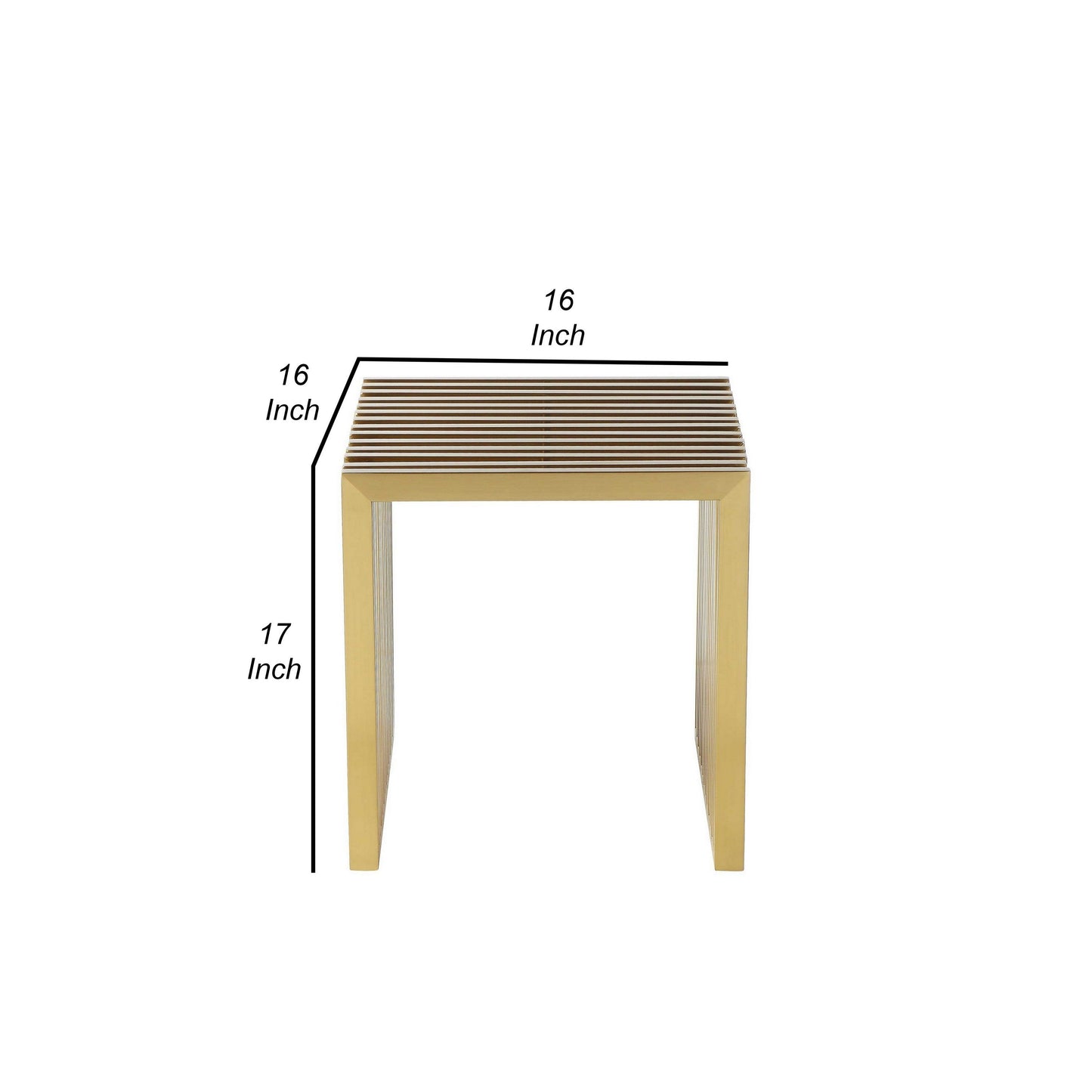 Niki 17 Inch Accent Stool, Slatted Design, Square, Luxurious Brushed Gold