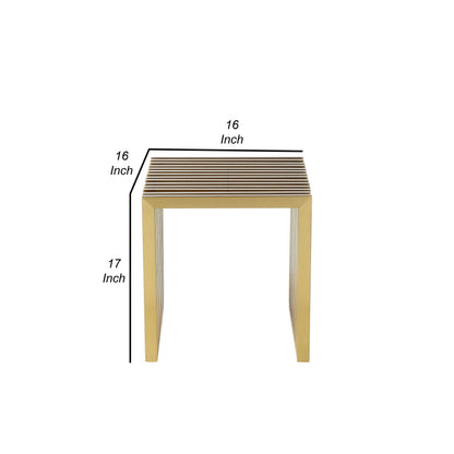 Niki 17 Inch Accent Stool, Slatted Design, Square, Luxurious Brushed Gold