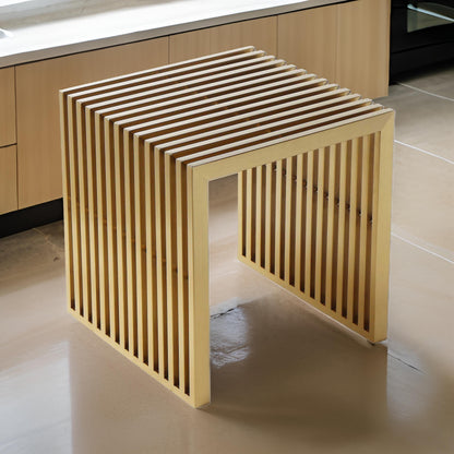 Niki 17 Inch Accent Stool, Slatted Design, Square, Luxurious Brushed Gold