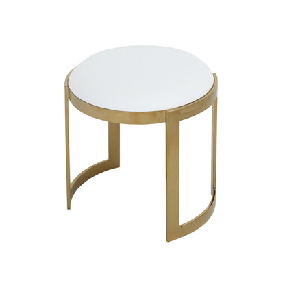 Niyo 19 Inch Accent Stool Ottoman, Round Cushioned White Faux Leather, Gold