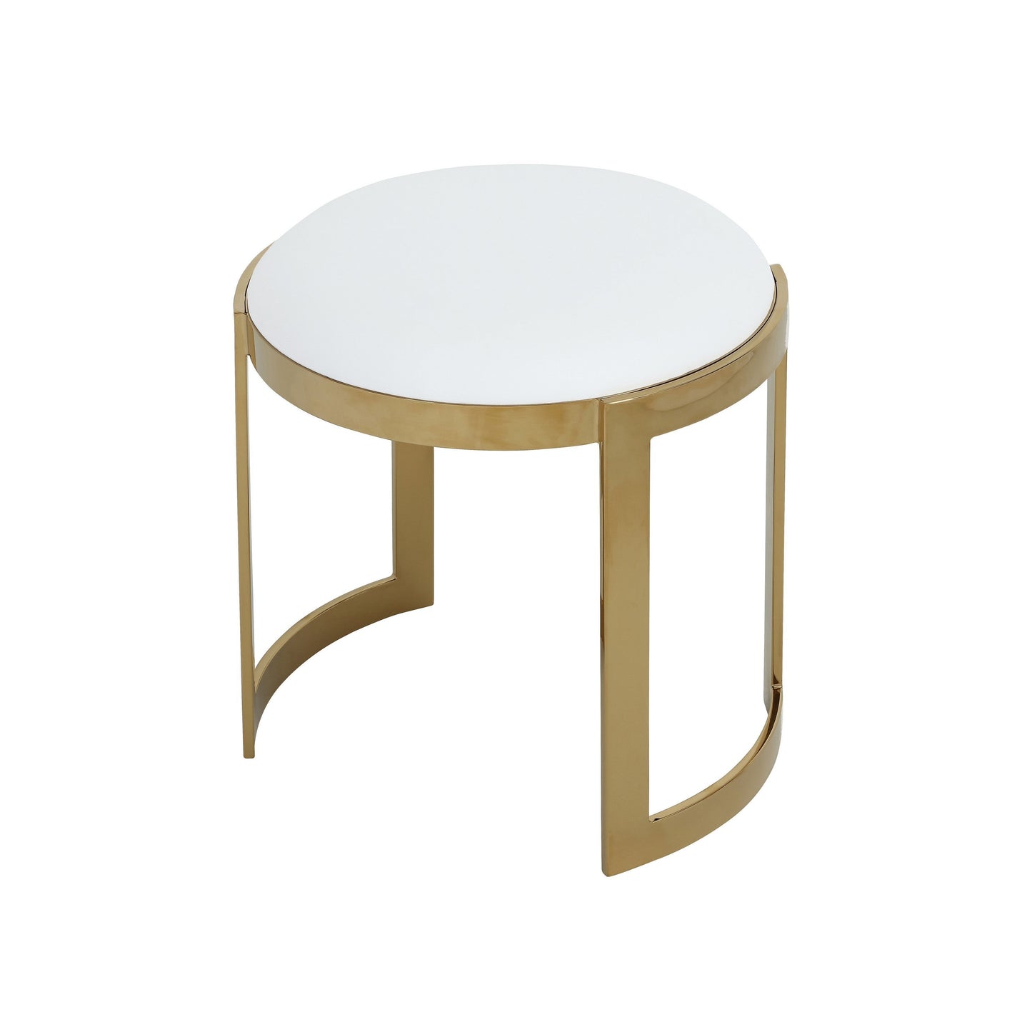 Niyo 19 Inch Accent Stool Ottoman, Round Cushioned White Faux Leather, Gold