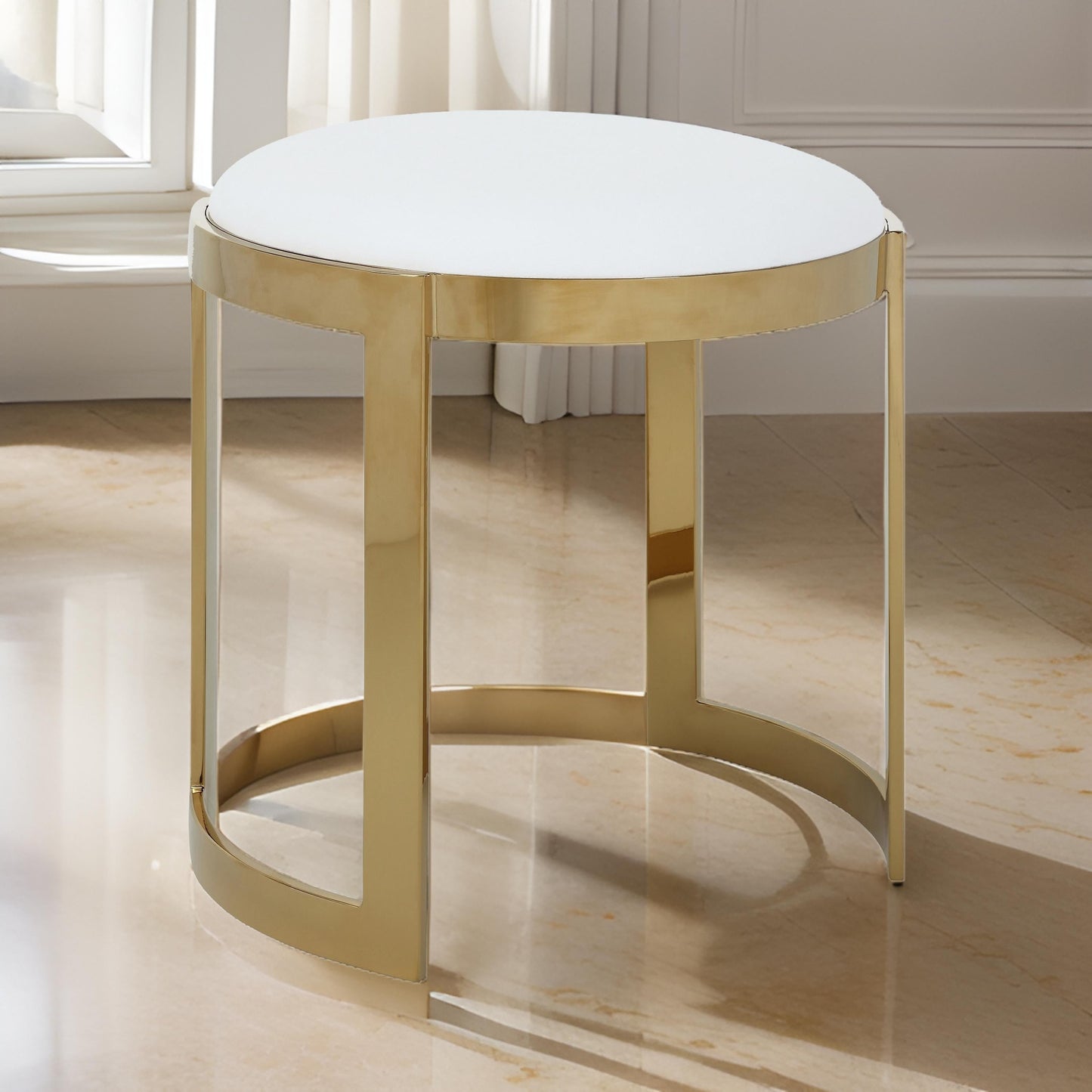 Niyo 19 Inch Accent Stool Ottoman, Round Cushioned White Faux Leather, Gold