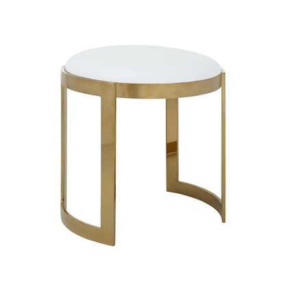 Niyo 19 Inch Accent Stool Ottoman, Round Cushioned White Faux Leather, Gold