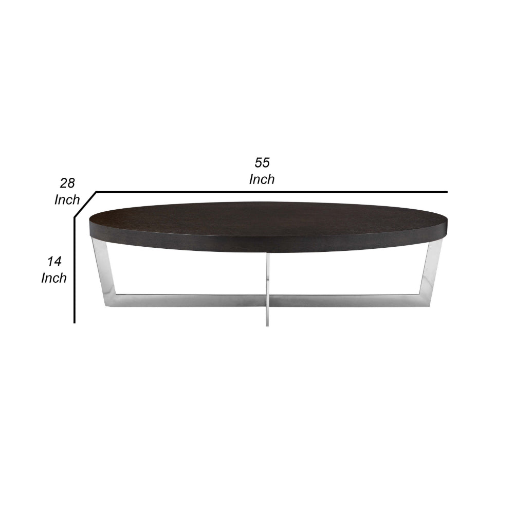 Tini 55 Inch Coffee Table, Oval Top, Chrome Frame, Espresso Brown Finish