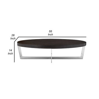 Tini 55 Inch Coffee Table, Oval Top, Chrome Frame, Espresso Brown Finish