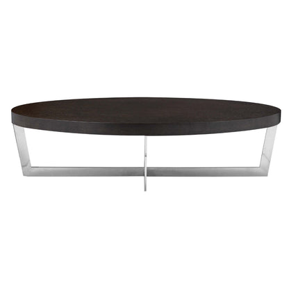 Tini 55 Inch Coffee Table, Oval Top, Chrome Frame, Espresso Brown Finish