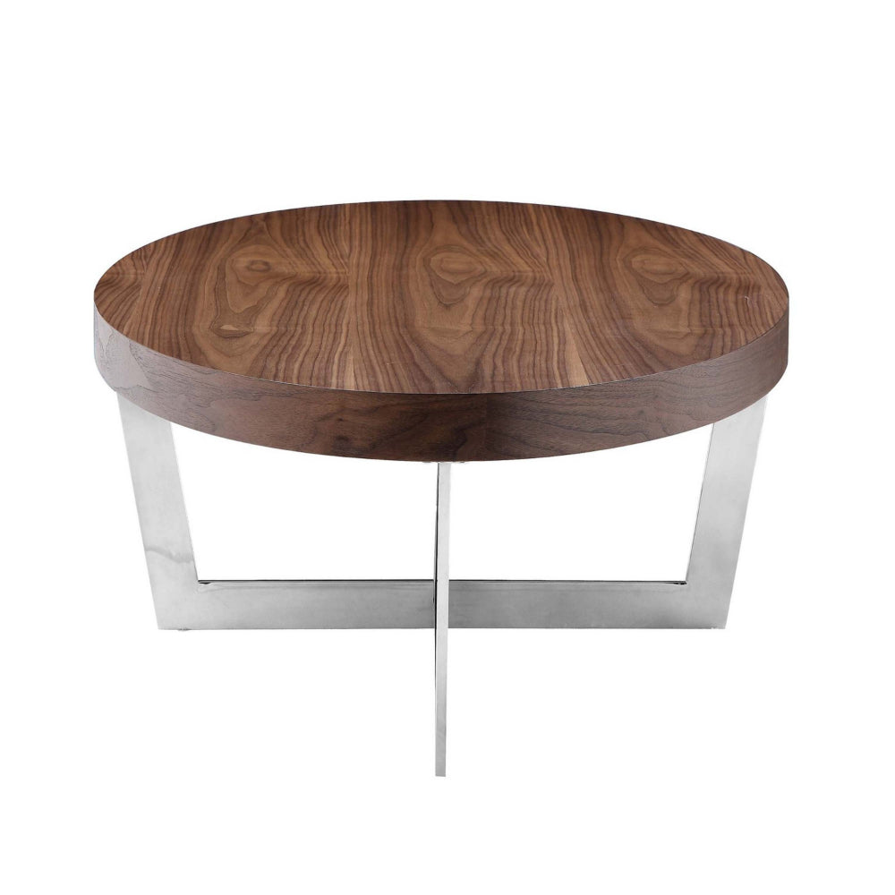 Tini 55 Inch Coffee Table, Oval Top, Chrome Frame, Walnut Brown Finish