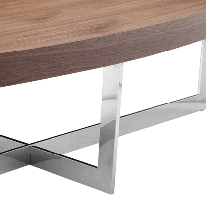 Tini 55 Inch Coffee Table, Oval Top, Chrome Frame, Walnut Brown Finish