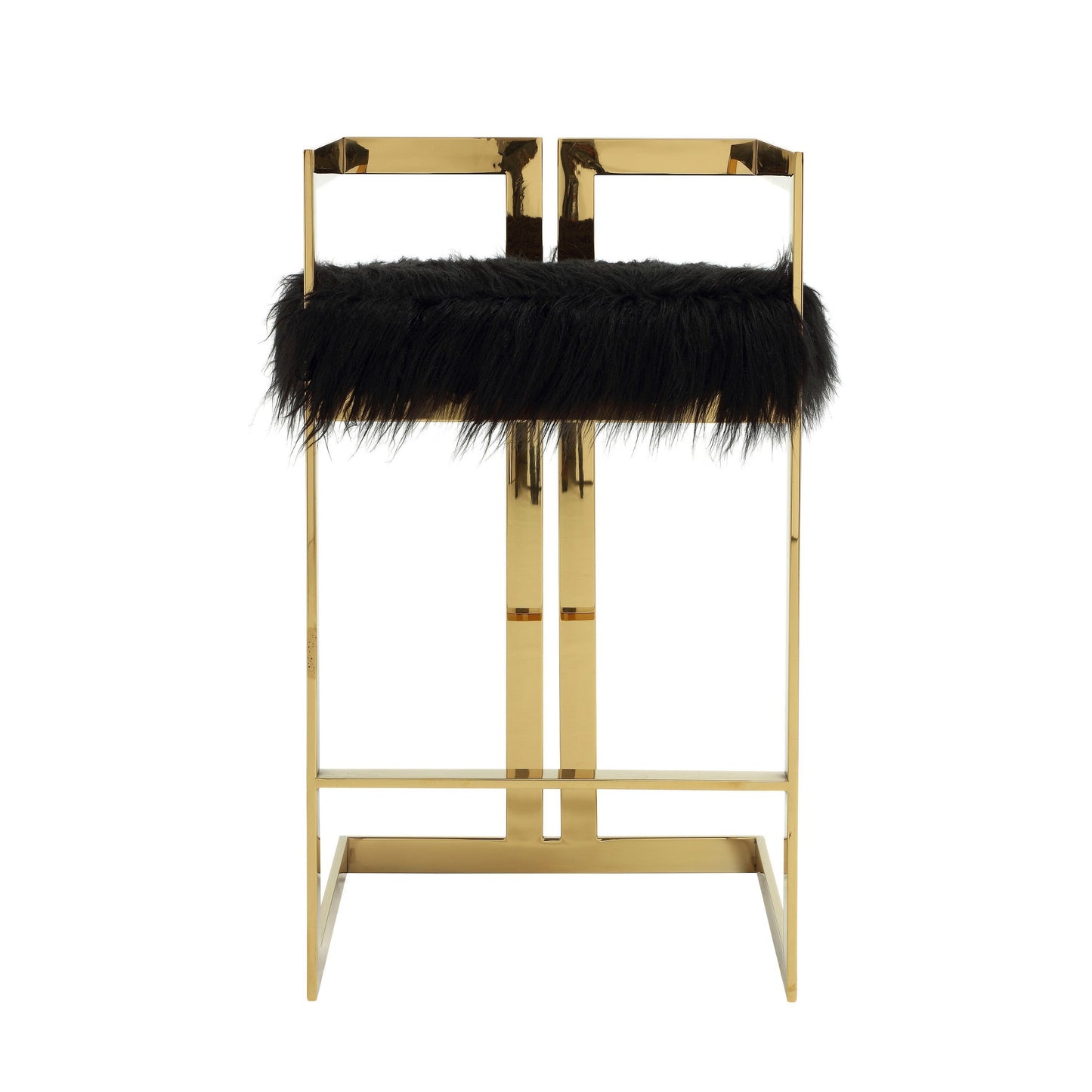 Suki 30 Inch Barstool Chair, Black Faux Fur Seat, Gold Cantilever Base