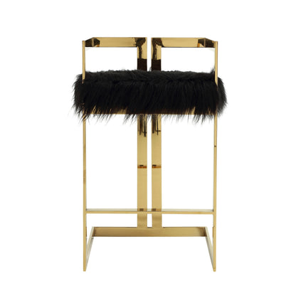 Suki 30 Inch Barstool Chair, Black Faux Fur Seat, Gold Cantilever Base