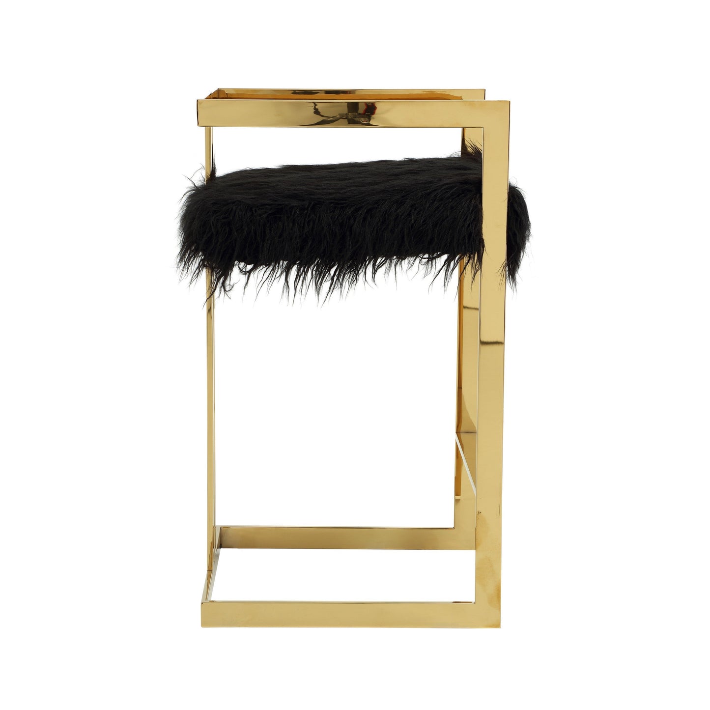 Suki 30 Inch Barstool Chair, Black Faux Fur Seat, Gold Cantilever Base