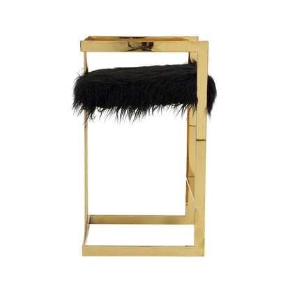 Suki 30 Inch Barstool Chair, Black Faux Fur Seat, Gold Cantilever Base