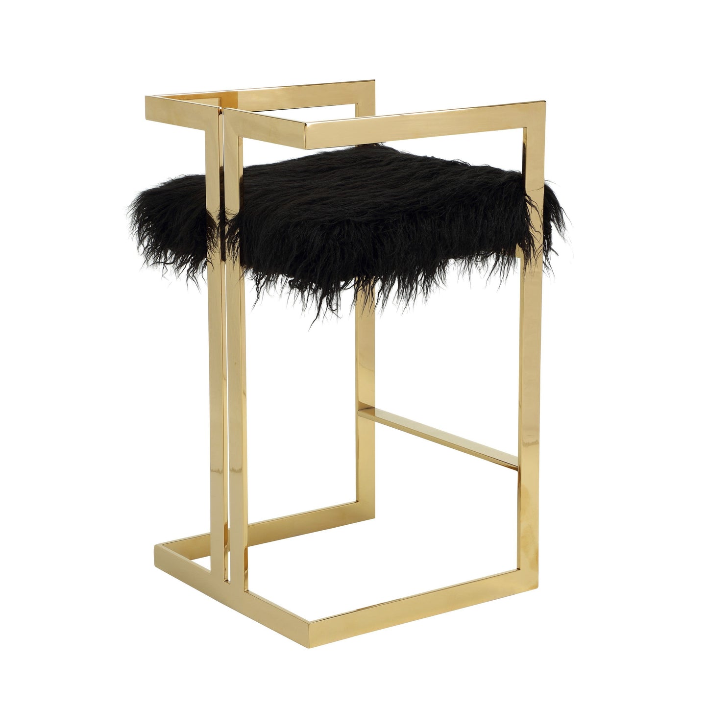 Suki 30 Inch Barstool Chair, Black Faux Fur Seat, Gold Cantilever Base