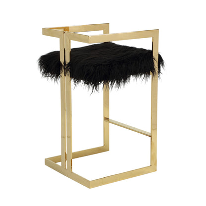 Suki 30 Inch Barstool Chair, Black Faux Fur Seat, Gold Cantilever Base