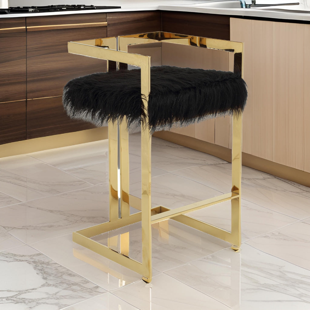 Suki 30 Inch Barstool Chair, Black Faux Leather Seat, Gold Cantilever Base