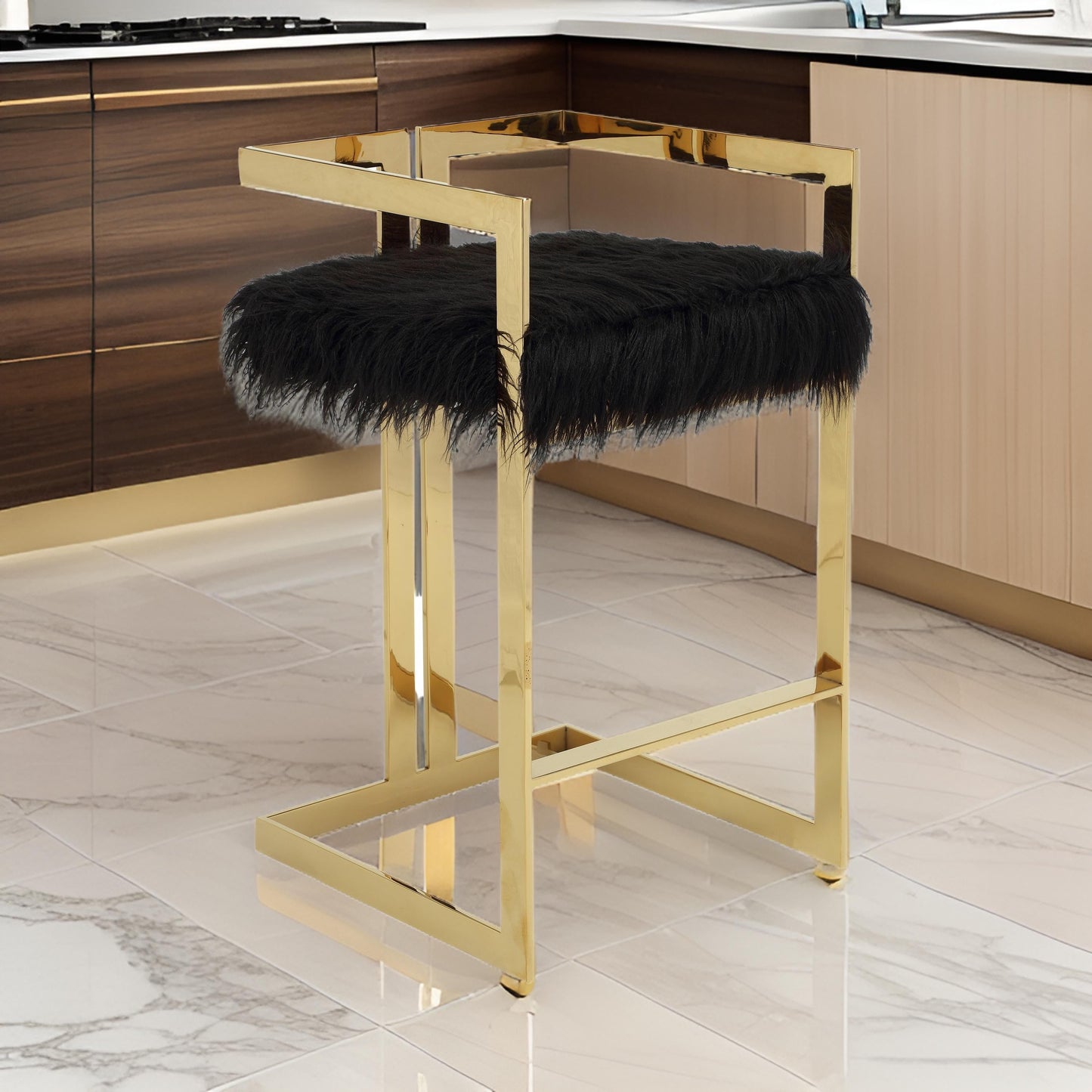 Suki 30 Inch Barstool Chair, Black Faux Fur Seat, Gold Cantilever Base